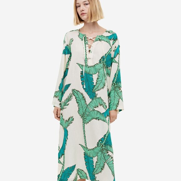 H&M Long Midi Palm Trees Leaves V-Neck Loose Fit Cotton Blend Dress with Lacing